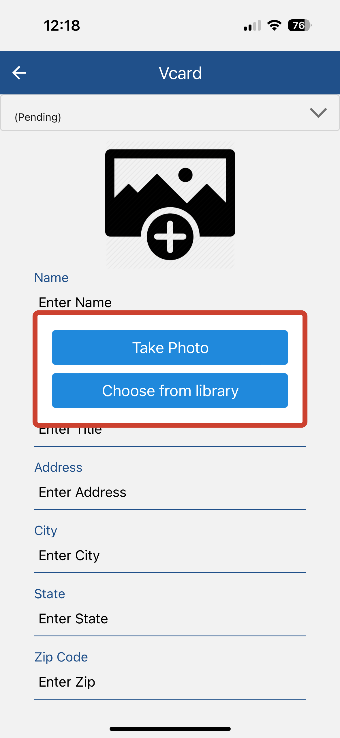 Take Photo or Choose Library; How to Edit vCard App.png